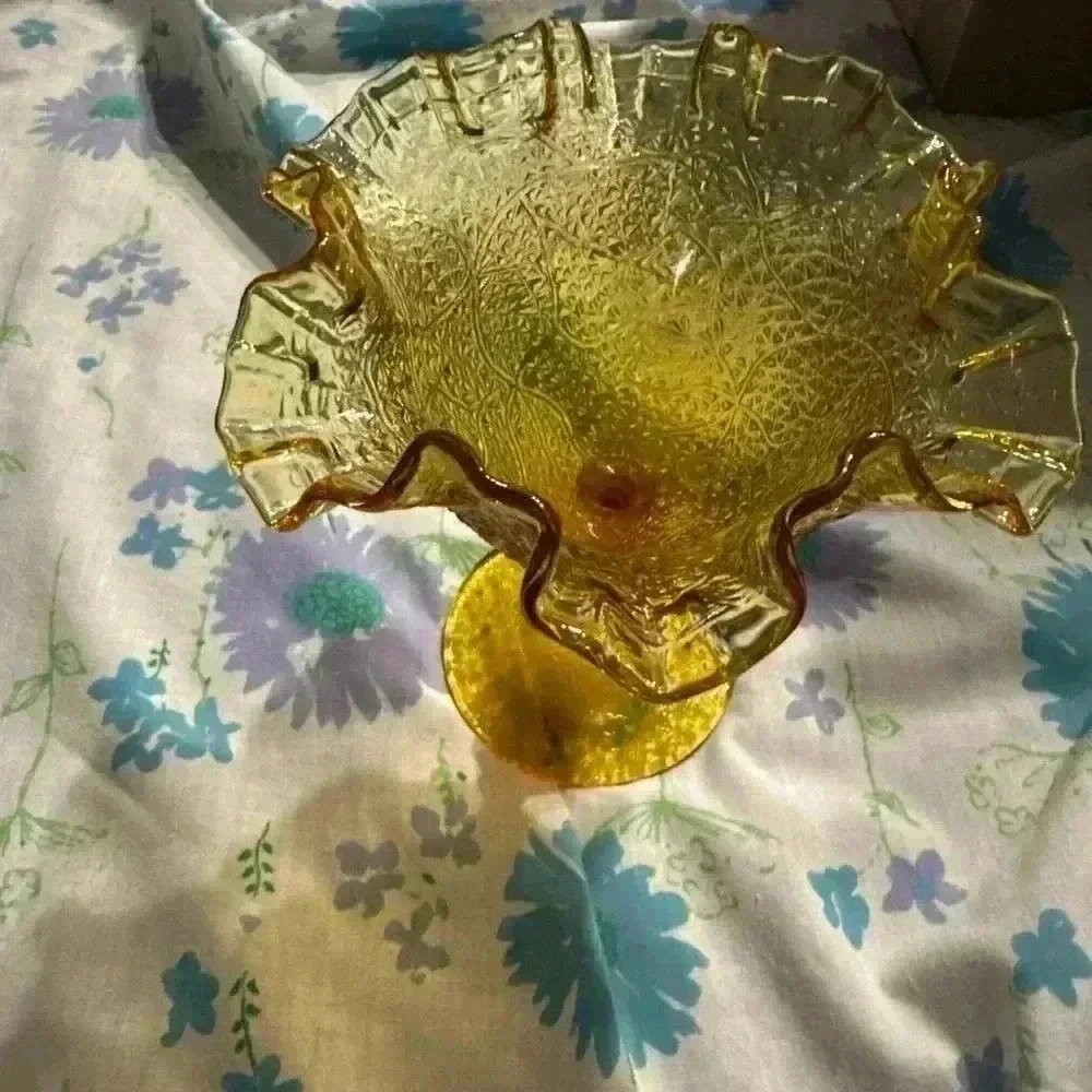 Vintage Fenton Stamped Wisteria Tree Of Life Amber Glass Compote/Candy‎ Dish